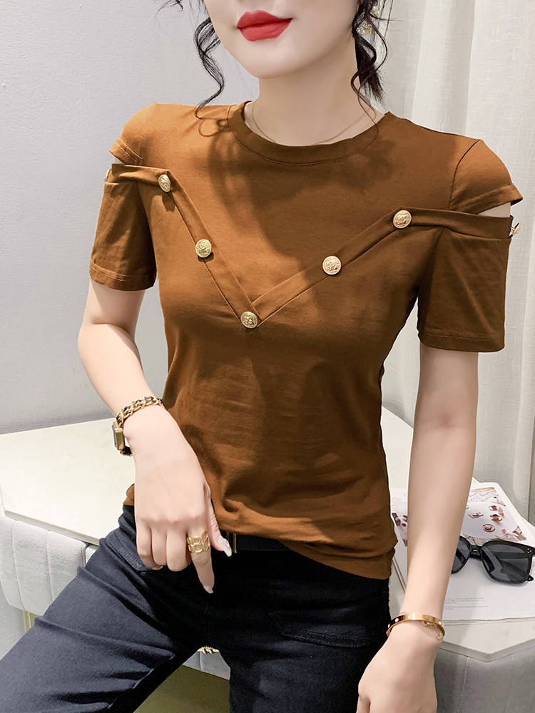 유럽 ????역 2024 여름 새로운 스타일 세련된 오프 숄더 티셔츠 여성 반팔 유행 탑 슬리밍 반팔 티셔츠