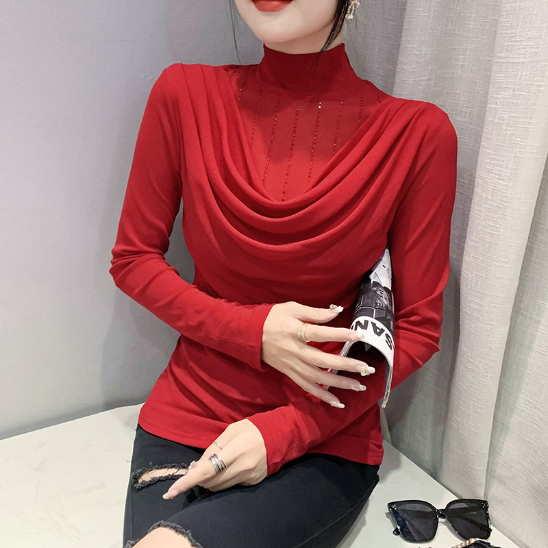 여성용 하프 터틀넥 바닥 셔츠 가을 겨울 유럽 패션 핫 라인스톤 탑 섹시한 메쉬 긴팔 티셔츠