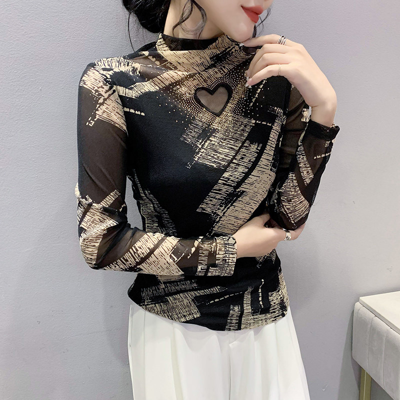 유럽 ??역 가을 겨울 섹시 할로우 메쉬 탑 꽉 끼는 반 거북이 칼라 바닥 셔츠 여성 긴 소매 핫 다이아몬드 탑