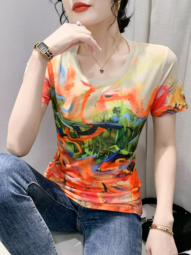 패션 프린트 라운드 넥 티셔츠 여성 반팔 여름 유럽 스트레치 메쉬 탑 슬림 피트 반팔 셔츠 유행