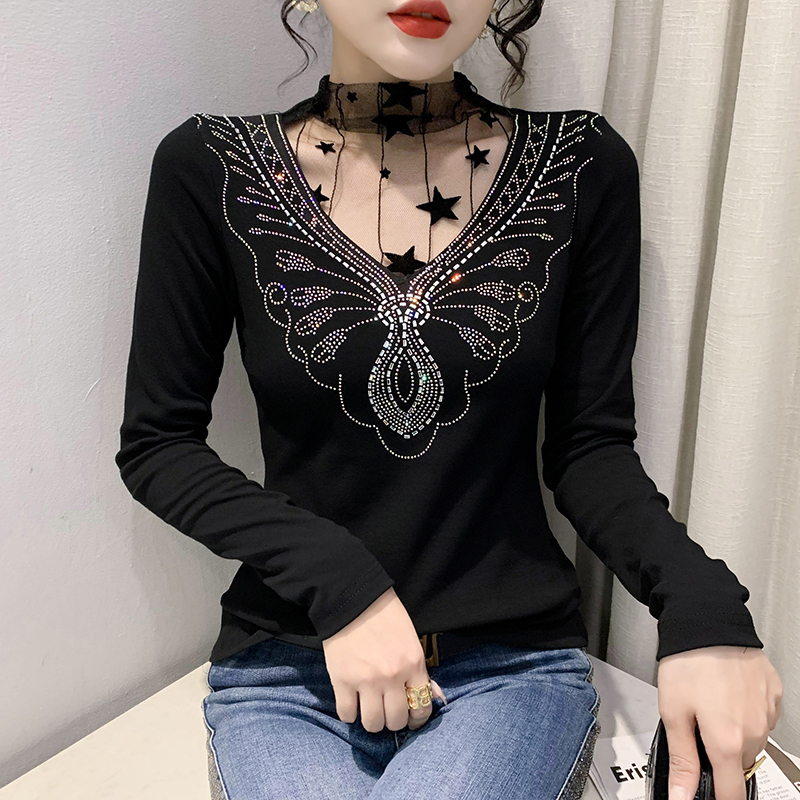 加厚磨毛打底衫女秋冬设计感网纱烫钻上衣半高领内搭长袖t恤女潮