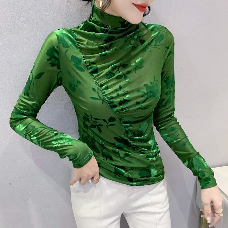 유럽 ??가을 겨울 여성용 터틀넥 밑단 셔츠 타이트한 이너 레이어로 패셔너블하고 시크한 탑과 섹시한 메쉬 긴팔 티셔츠가 트렌디함