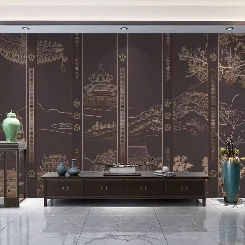 中式阁楼餐厅壁紙格栅山水画电视背景墙客厅沙发卧室酒店墙纸壁布