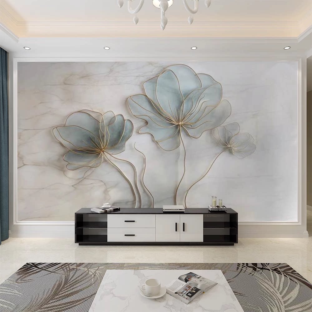 现代高级灰花卉墨绿荷花艺术电视背景墙壁纸客厅沙发壁画卧室墙布