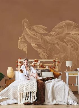 新中式墙纸橙色金鱼墙布客厅电视背景墙壁纸卧室壁画客厅沙发壁布