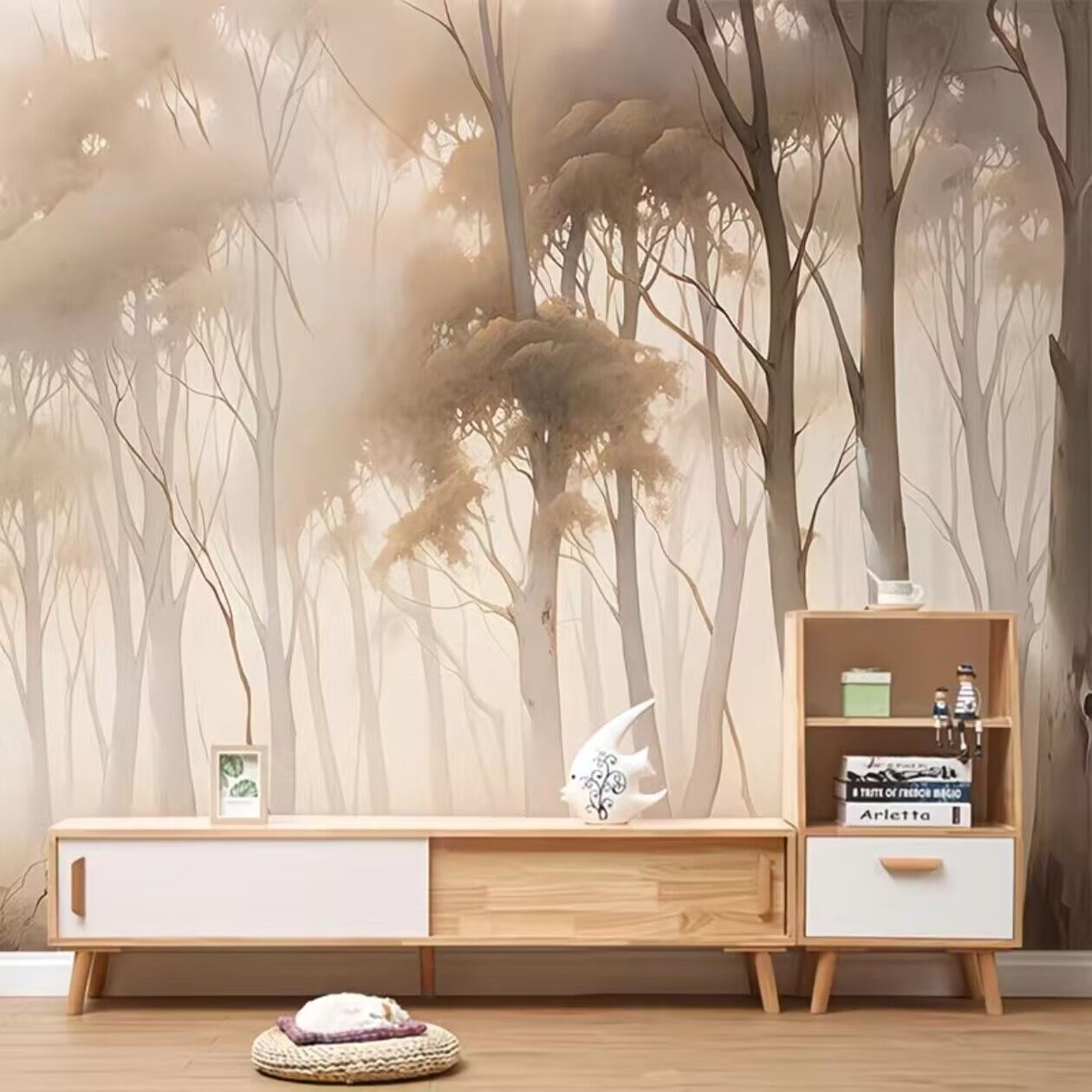 卧室港式暖色壁纸抽象客厅电视背景墙壁布北欧风森林墙纸壁画墙布