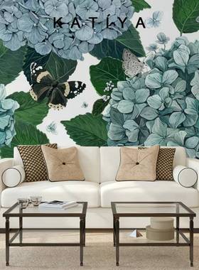 蓝色绣球花墙布美式壁纸电视背景墙卧室定制壁画手绘客厅3d立体