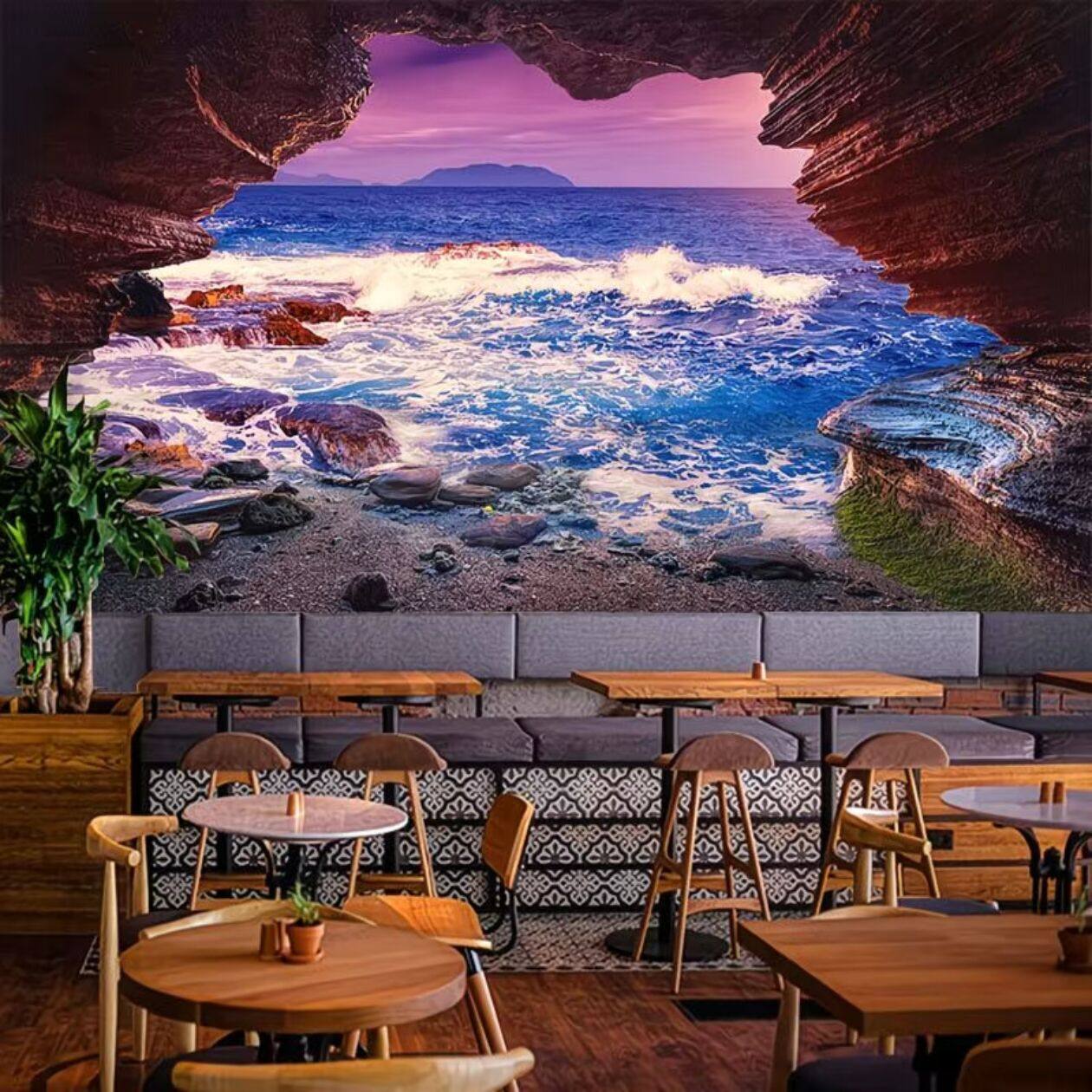 视觉延伸墙纸大自然风景3D立体大海山洞壁纸餐厅卧室
