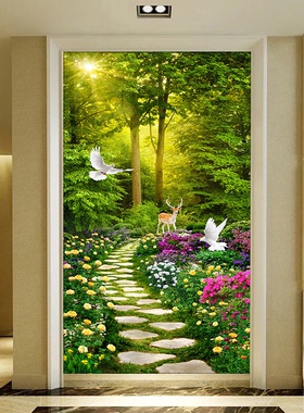 8D绿色麋鹿小清新玄关墙纸走廊过道背景壁纸墙布中式竖版装饰壁画