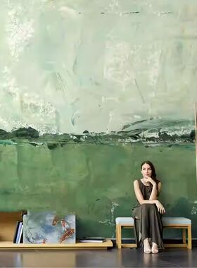 北欧手绘抽象艺术绿色涂鸦壁纸客厅电视背景墙纸无缝定制壁画墙布