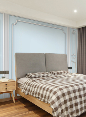 边框欧式蓝色方格装饰墙面壁纸客厅电视背景墙墙布沙发床头壁画