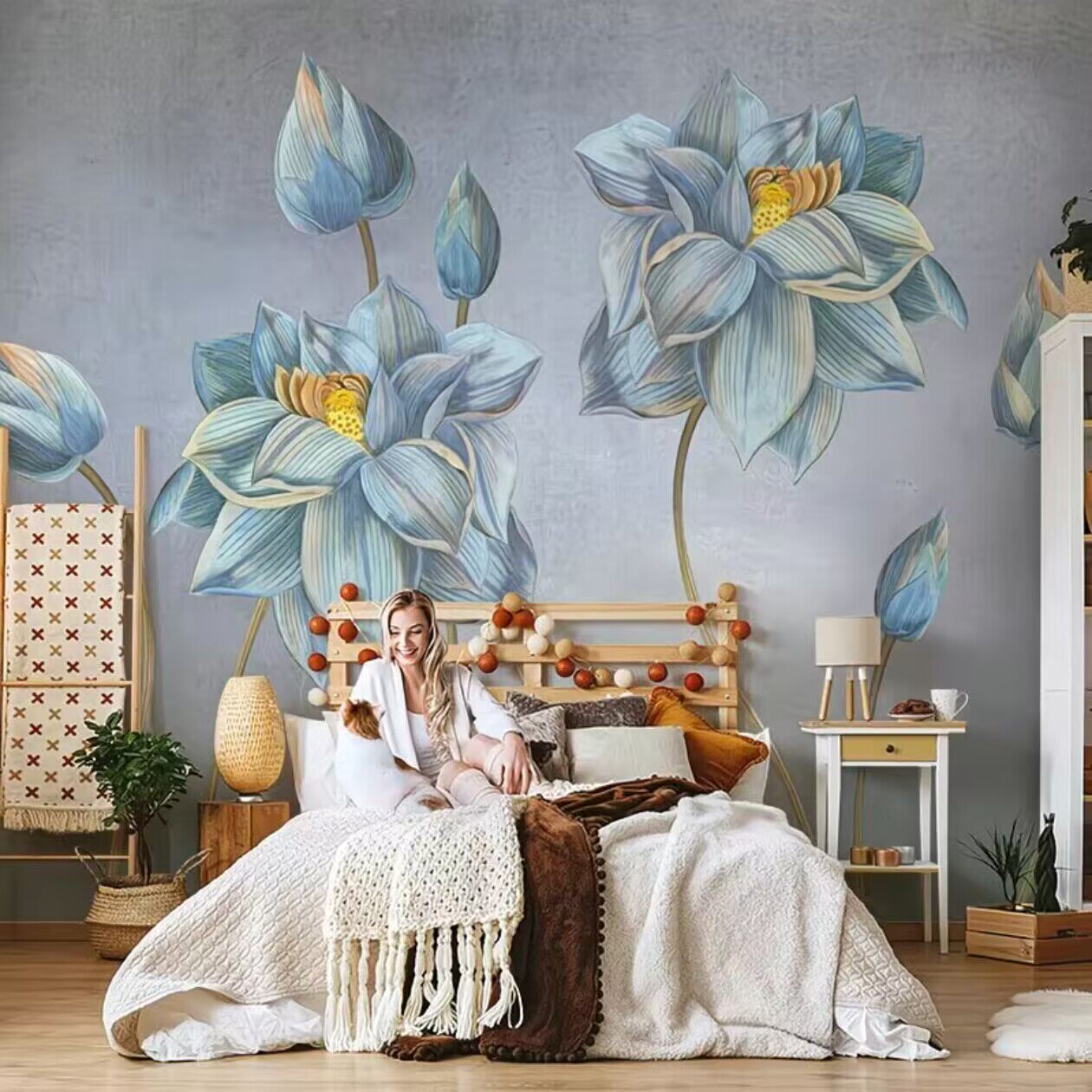 美式壁布荷花油画墙纸复古电视背景墙壁纸客厅卧室房间法式3d壁画