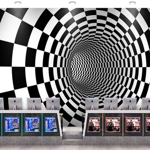 黑白格子背景墙纸空间延伸几何视觉壁纸错觉馆网红餐厅拍照墙布
