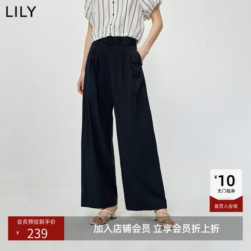 LILY2026夏新款莫代尔混纺复古宽松休闲百搭通勤藏青色直筒阔腿裤