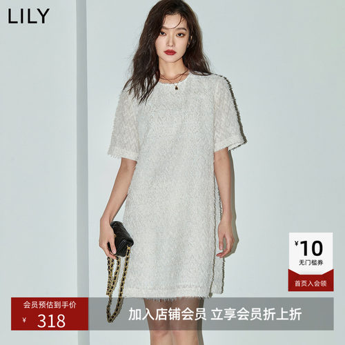 LILY2026夏新款女装简约肌理感气质通勤圆领白色短袖连衣裙小个子