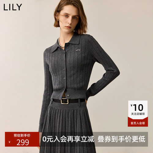 LILY2026冬新款女装格雷系学院风POLO领修身气质通勤针织开衫外套