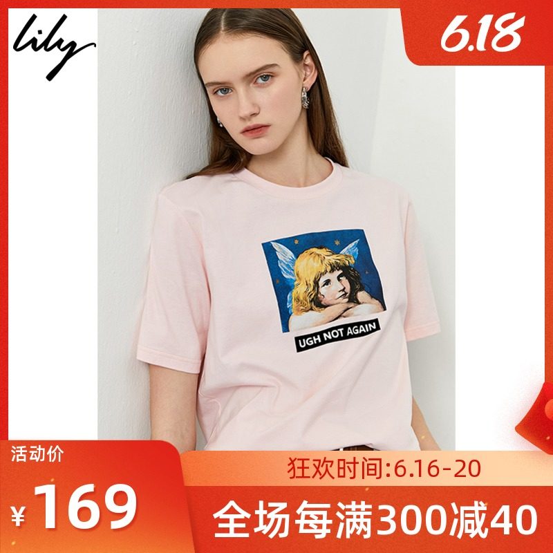 Lily2020夏款女装百分百纯棉简约印花宽松短袖圆领休闲8999