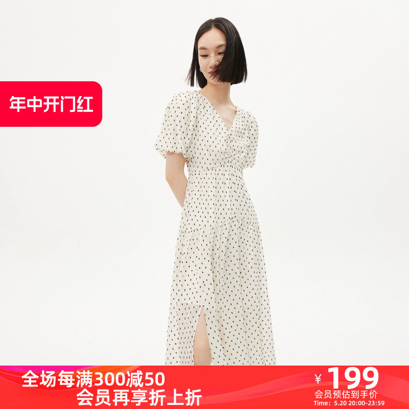 LILY2023夏新款女装复古洋气波点慵懒泡泡袖气质V领高腰款连衣裙