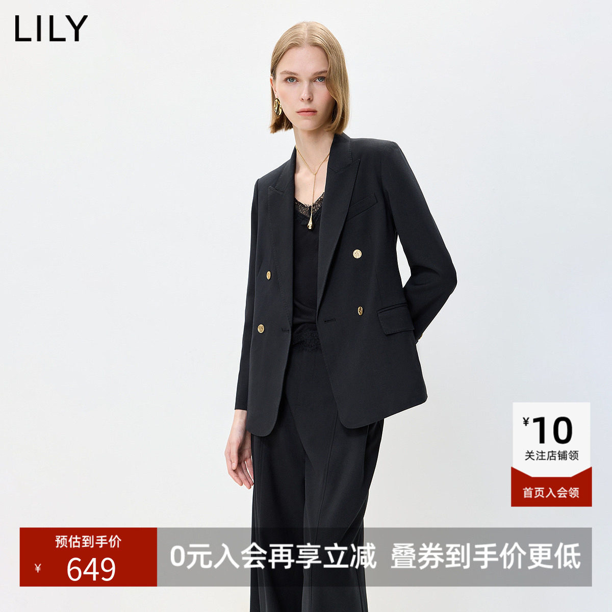 LILY2026秋新款复古宽松廓形休闲通勤轻商务双排扣黑色西装外套女