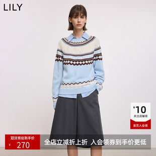 LILY新款女装含羊毛费尔岛提花宽松圆领套头浅色针织衫毛衣