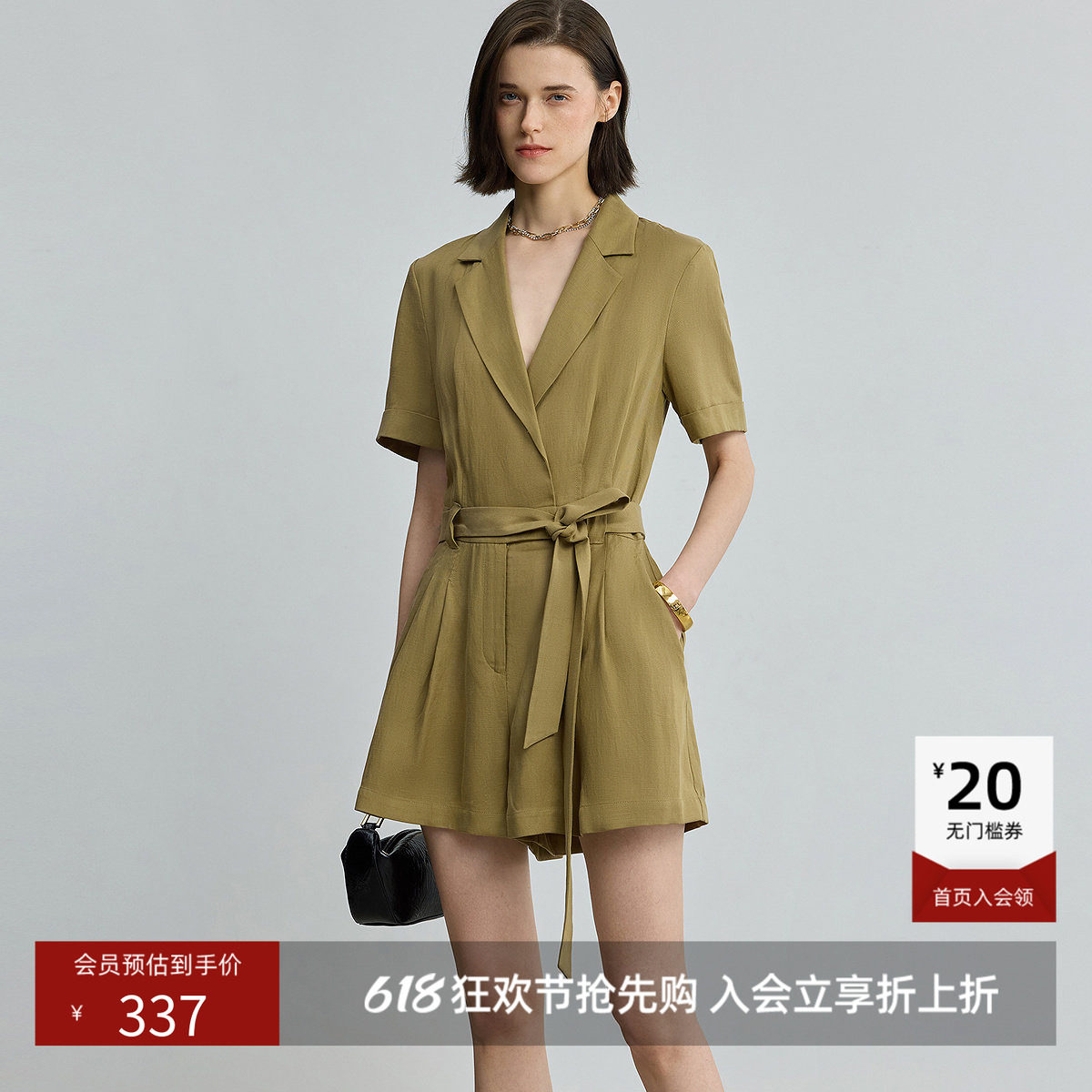 【商场同款】LILY夏新款女装莱赛尔亚麻复古收腰短袖连体裤