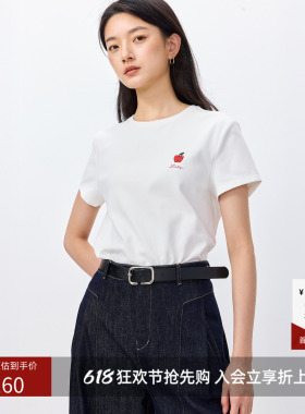 LILY2026春新款撞色苹果刺绣磨毛暖感休闲通勤圆领白色短袖T恤女