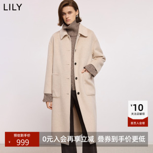 羊毛LILY新款简约翻领宽松通勤浅色毛呢大衣外套女长款