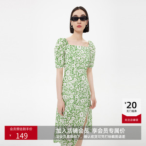 LILY夏新款女装浪漫碎花法式复古方领气质泡泡袖高腰连衣裙女