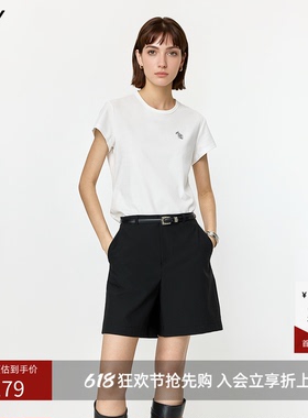 LILY2026夏新款莫代尔棉混纺简约正肩休闲通勤白色短袖T恤女上衣