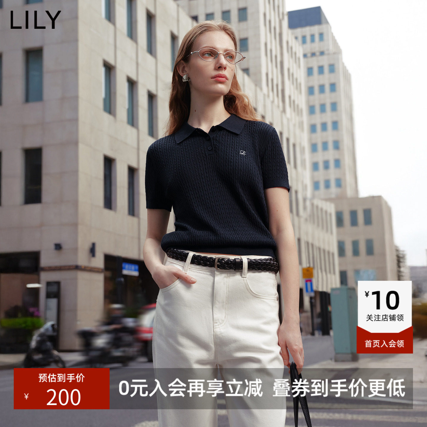 LILY2026夏新款含莱赛尔亚麻简约POLO领休闲通勤短袖针织衫女短款