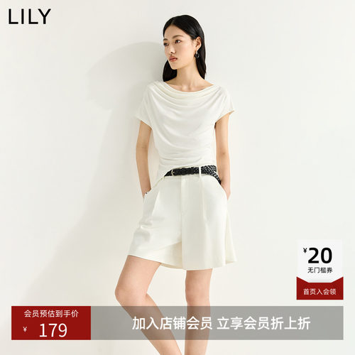 LILY2026夏新款莫代尔混纺荡领不对称收腰休闲通勤纯色T恤女短款