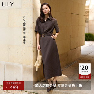 LILY新款莱赛尔复古工装气质通勤收腰短袖直筒连衣裙女长裙
