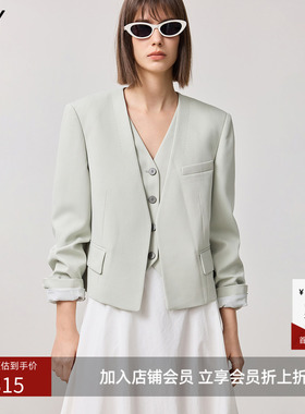 【商场同款】LILY春新款女装简约休闲减龄无领绿色西装外套