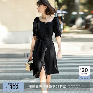 LILY奥莱夏款 收腰显瘦精致口袋方领连衣裙 复古泡泡袖 小黑裙时尚