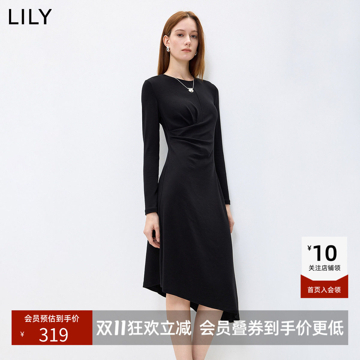 LILY2026秋新款女装莱赛尔混纺复古圆领不对称收腰修身长袖连衣裙
