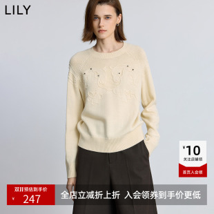 LILY新款女装羊毛混纺软糯生肖马亮钻链条绣加厚针织衫毛衣
