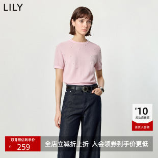~LILY2026夏新款简约钉珠通勤浅粉色短袖圆领套头针织衫毛衣女