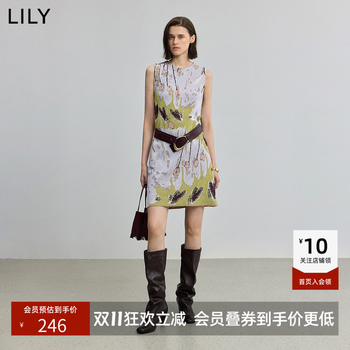 【商场同款】LILY秋新款女装全棉手绘提花休闲无袖圆领连衣裙