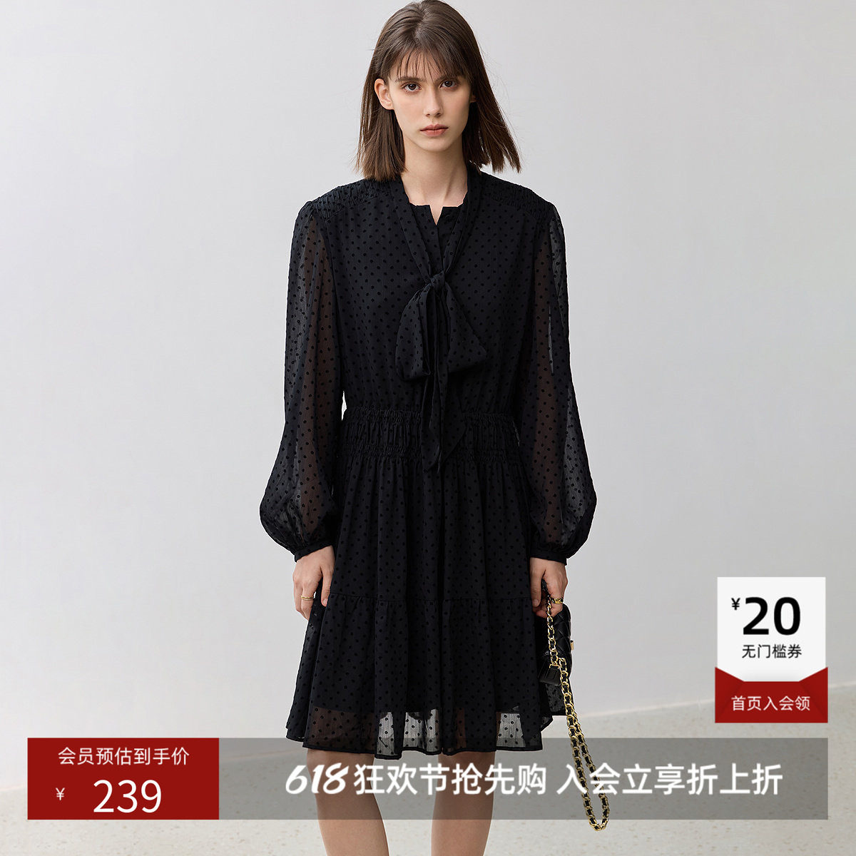 【商场同款】LILY新款复古波点飘带垂感收腰连衣裙女小黑裙