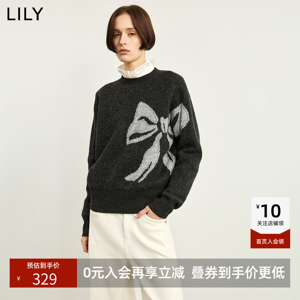LILY2026冬新款女装格雷系撞色蝴蝶结提花宽松长袖套头针织衫毛衣