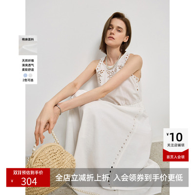 LILY夏新款简约气质度假风镂空蕾丝绣花无袖收腰休闲连衣裙女