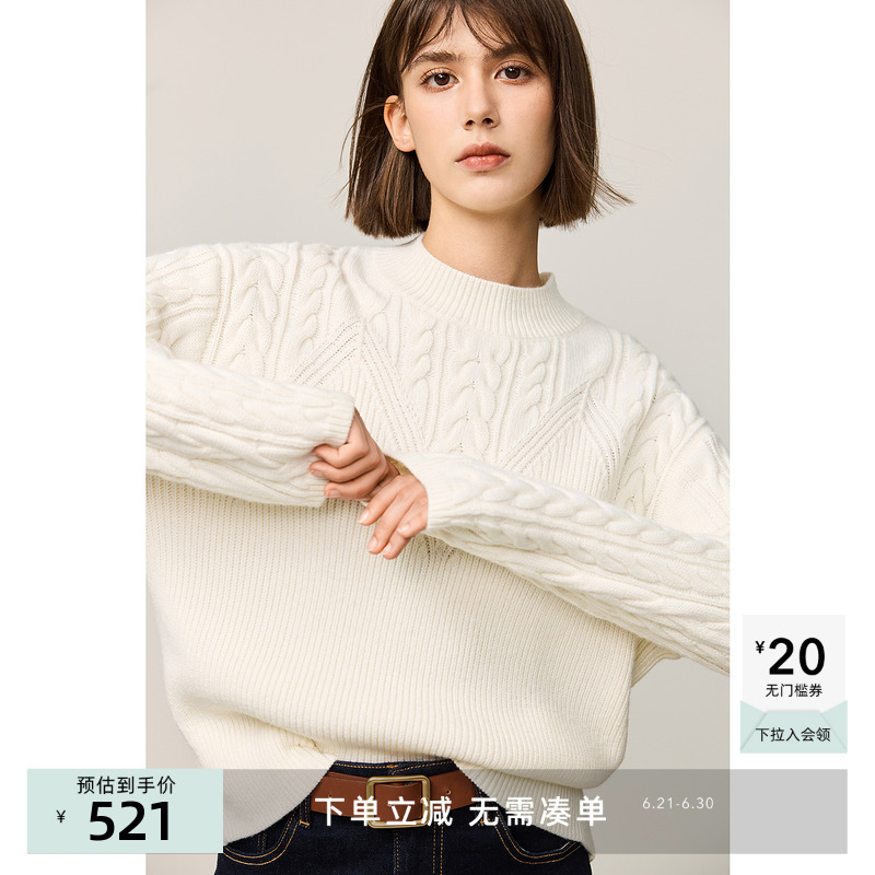 LILY奥莱冬新款女装经典温暖绞花肌理感圆领套头毛针织衫白色毛衣