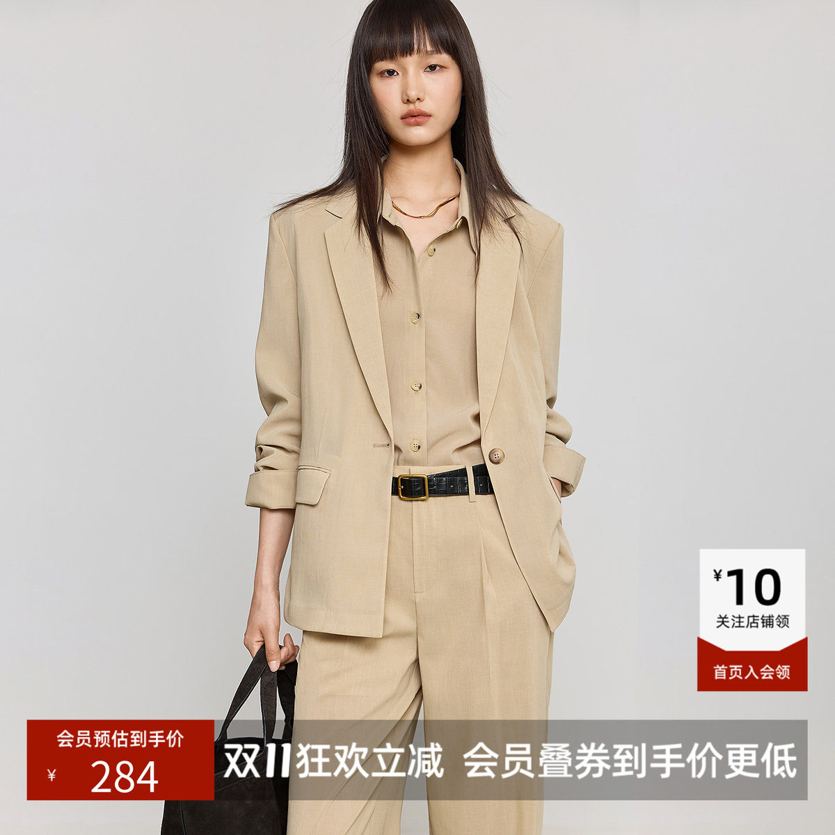 【商场同款】LILY夏新款含三醋酸老钱风通勤卡其色西装外套女