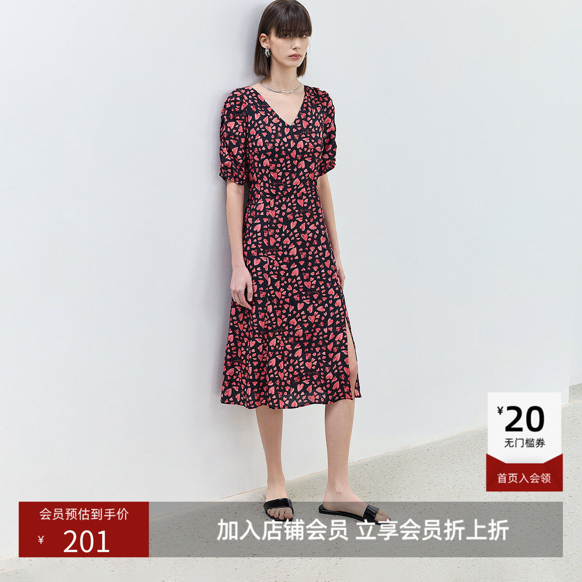 LILY夏款复古V领泡泡袖舒适垂感自然连衣裙