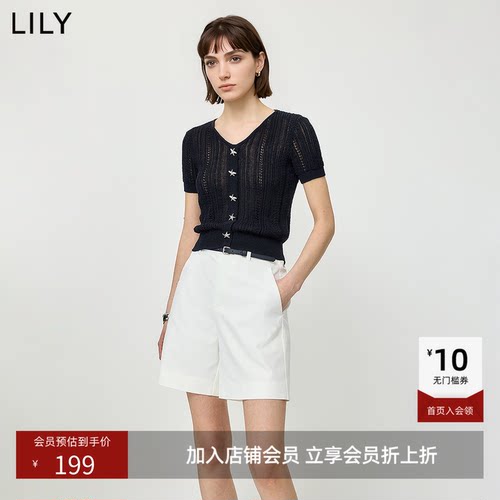 ~LILY2026夏新款含莱赛尔亚麻简约V领休闲通勤短袖针织开衫女短款