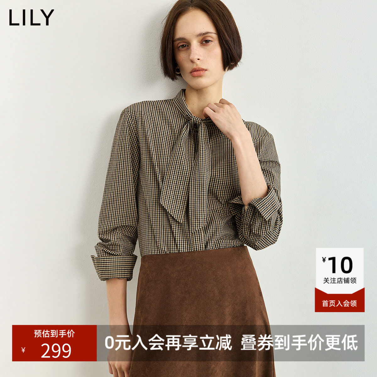 LILY2026冬新款复古学院风系带领格纹正肩休闲通勤长袖衬衫外套女