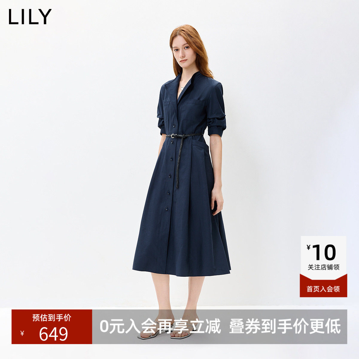 LILY2026秋新款复古翻领腰带收腰休闲通勤藏青色短袖连衣裙女长裙