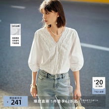 LILY2025夏新款女装法式重工花边V领全棉白色泡泡袖套头雪纺衫