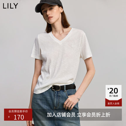 LILY夏新款女装简约肌理感休闲基础款V领气质百搭短袖T恤上衣