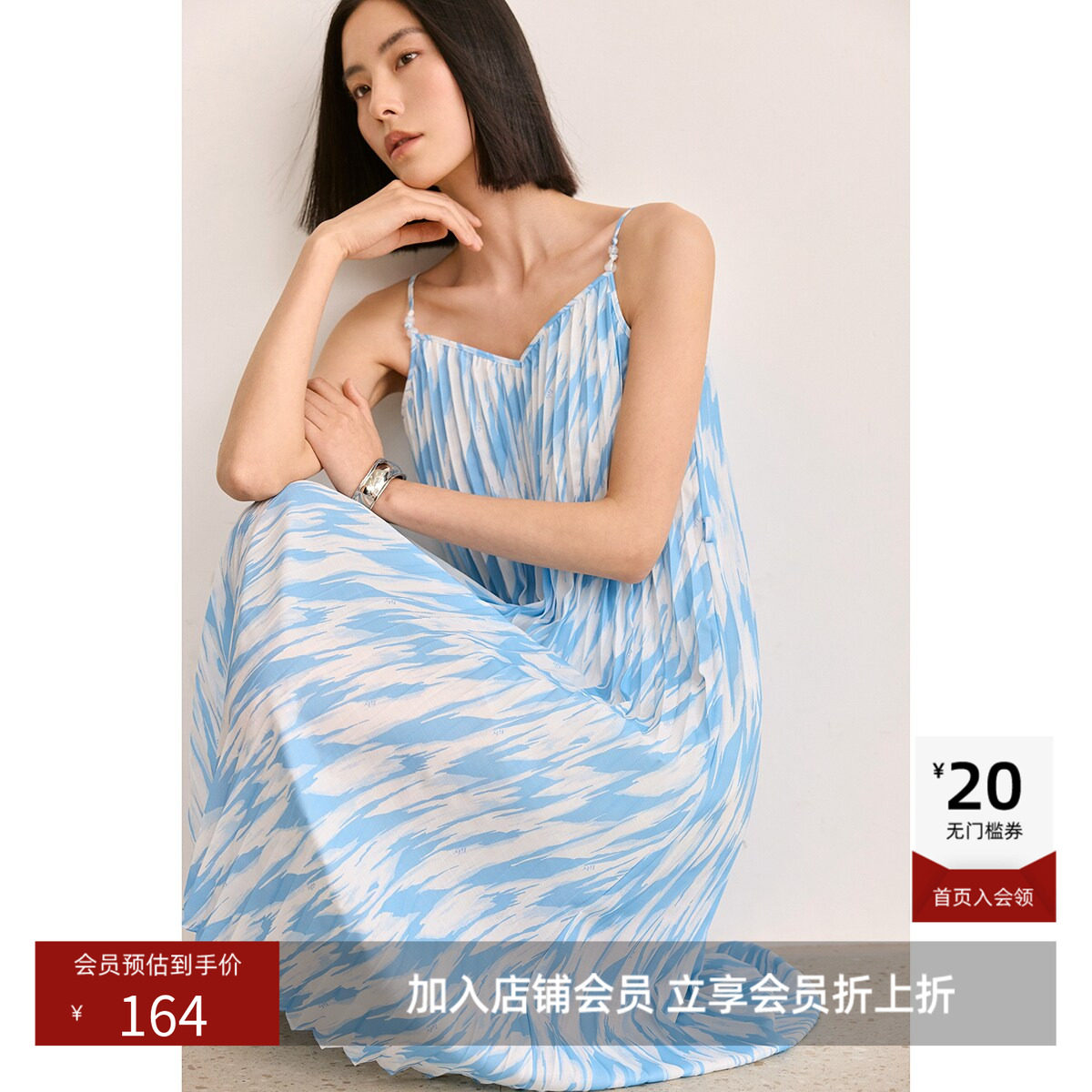 LILY夏款女装浪漫气质时尚印花设计感显瘦系带吊带连衣裙女